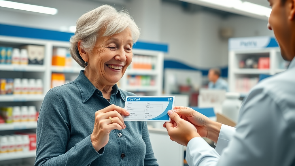Muskegon elder receiving and inspecting prescription drug discount card at pharmacy