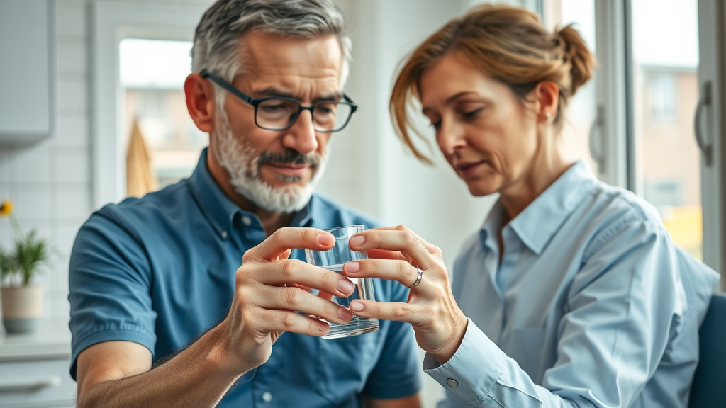 Compassionate Muskegon caregiver assisting senior man with medication management at home