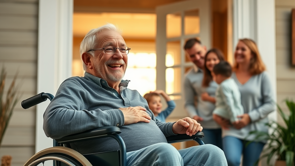 Content senior male in wheelchair Muskegon community health services for seniors grateful with family support