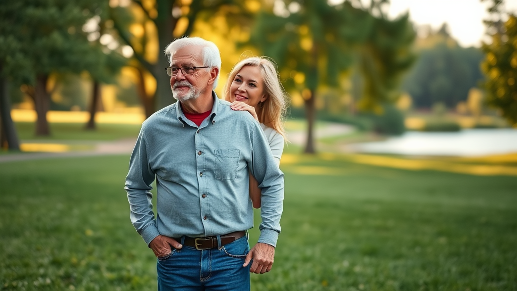 Confident Muskegon seniors enjoying wellness and vitality in a scenic park setting.