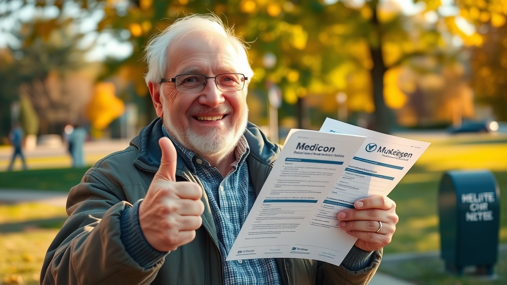 Joyful Muskegon senior giving a thumbs-up for Medicare Advantage enrollment with city signage in the background