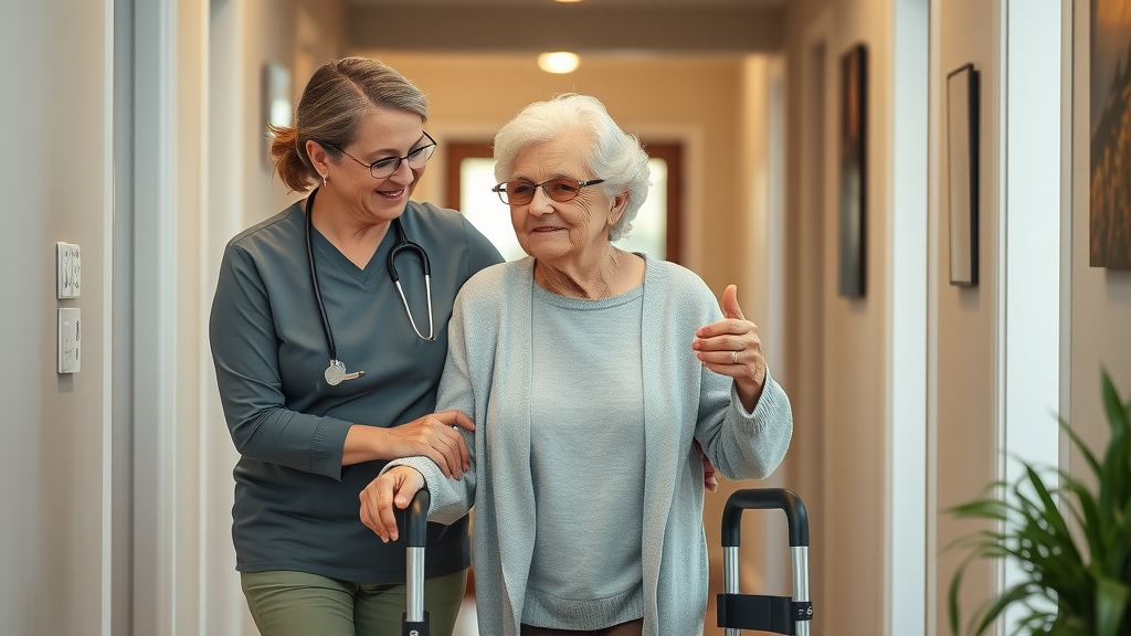 home care Muskegon County caregiver helping older adult with mobility and medical equipment
