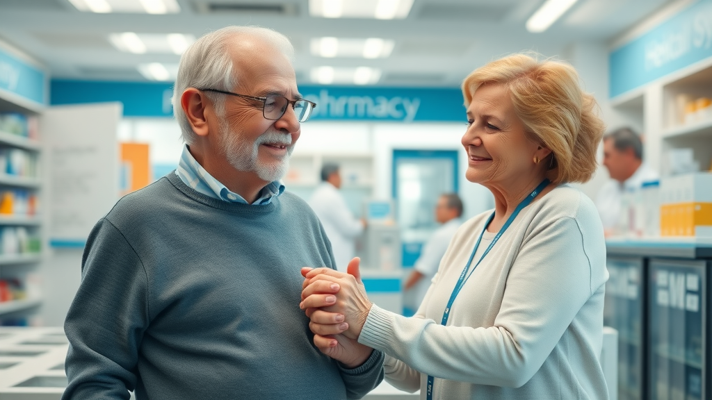 senior prescription aid Muskegon - Compassionate elderly couple receiving help at a friendly pharmacy, with helpful pharmacist present.