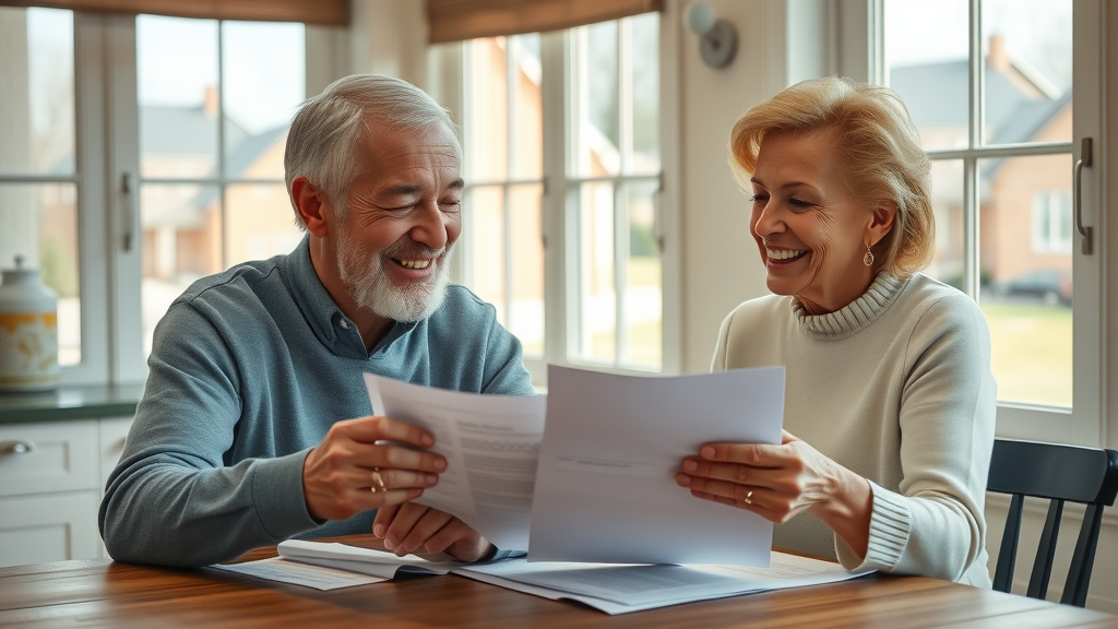 senior insurance options Muskegon - Comforting older couple discussing insurance documents at home in Muskegon, window view of suburb with warm, natural lighting.