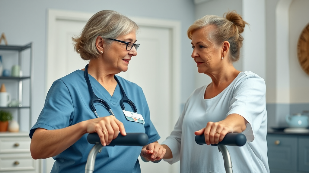 caring nurse assisting Muskegon older adult with walker and durable medical equipment, tidy home