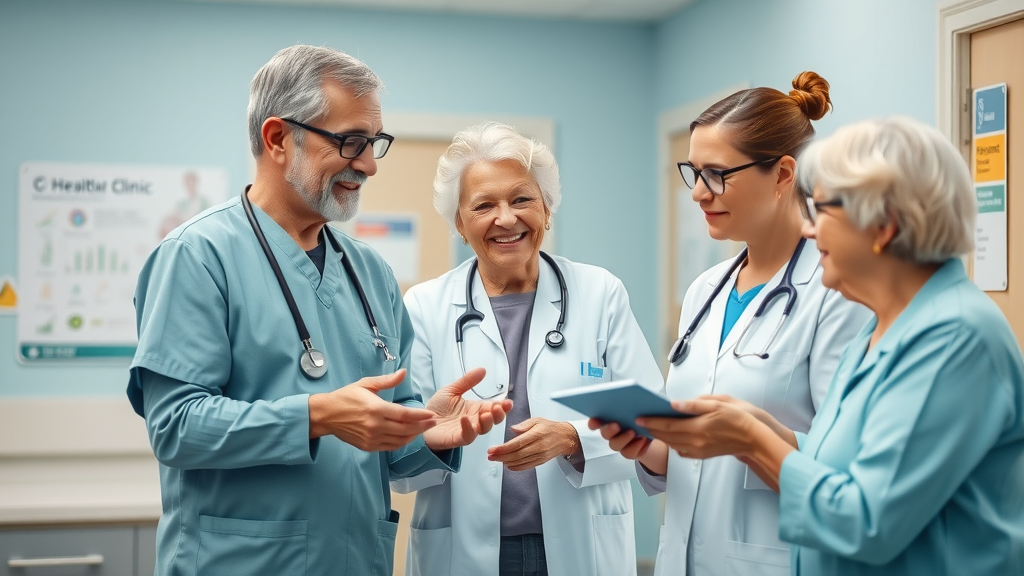 Caring healthcare professionals assisting seniors Muskegon community health services for seniors modern clinic