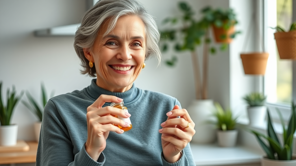 Mature woman holding medication, content with Medicare options Muskegon coverage at home