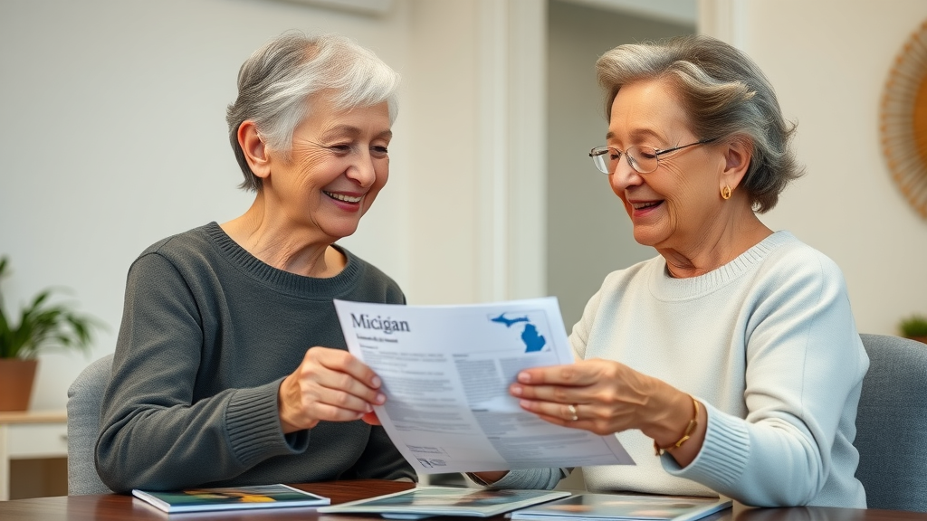 elderly benefits counseling Michigan expert warmly assisting a senior woman with paperwork in a Michigan office setting