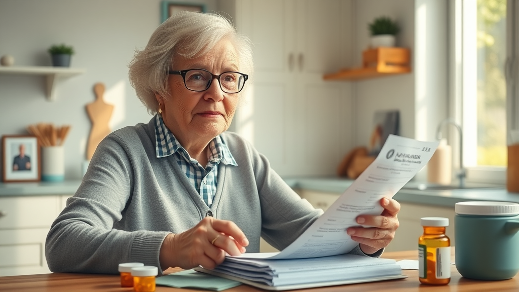 senior prescription aid Muskegon organized senior at kitchen table reviewing prescriptions and paperwork