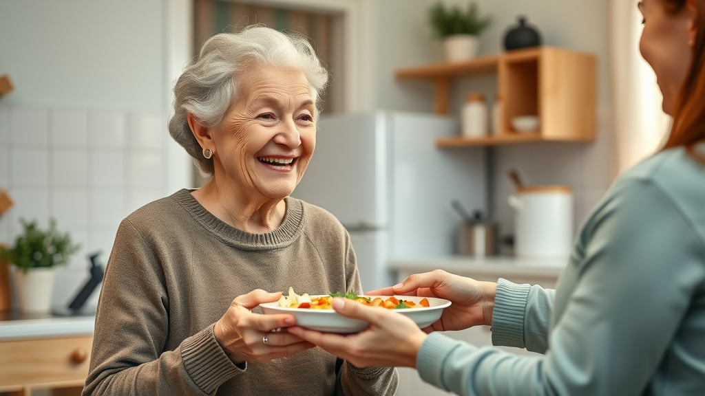 Muskegon senior meal delivery service, smiling woman happy with volunteer support at home