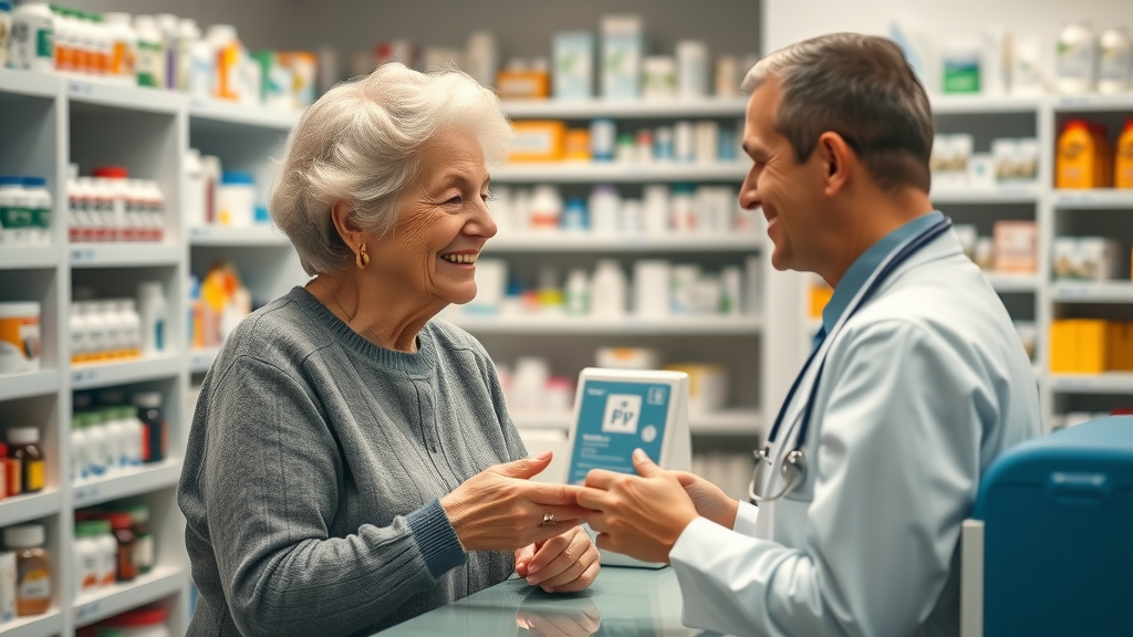 Elderly woman discussing medication needs with pharmacist for assistance programs for elderly prescriptions