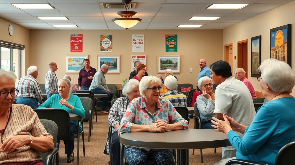 Local Muskegon senior centers and resources - bustling senior center with welcoming atmosphere and seniors talking to staff and engaging in social activities
