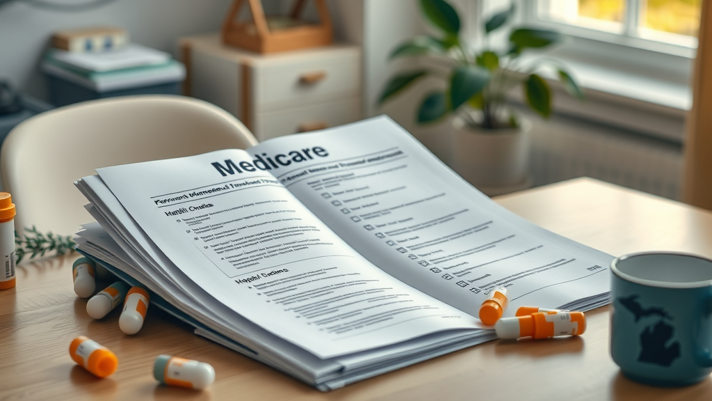 Medicare documents and prescription checklist for Michigan Medicare assistance program enrollment on desk