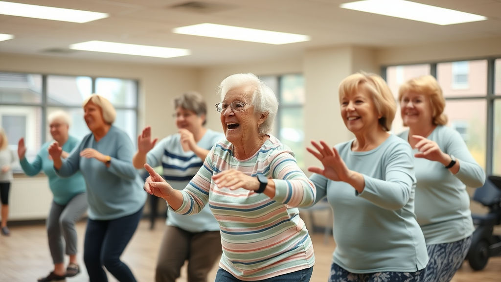 Active seniors at a Muskegon, MI, senior center participating in a fitness class, enjoying home care, and community engagement.