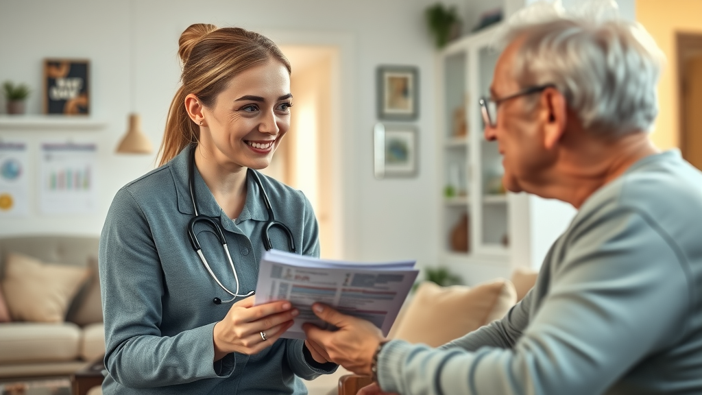 Professional care coordinator with Muskegon in-home nursing conducting an in-home health assessment with a senior client and paperwork.