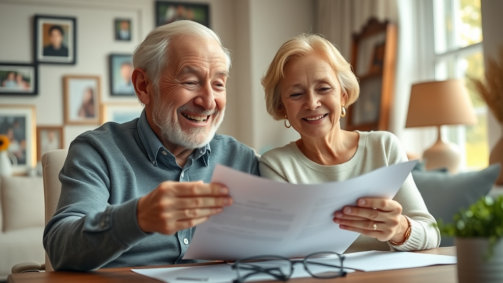 Muskegon senior health insurance compassionate elderly couple reviewing documents in cozy home setting