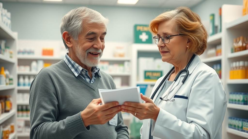 Friendly pharmacist explaining Michigan prescription assistance program benefits to elderly woman