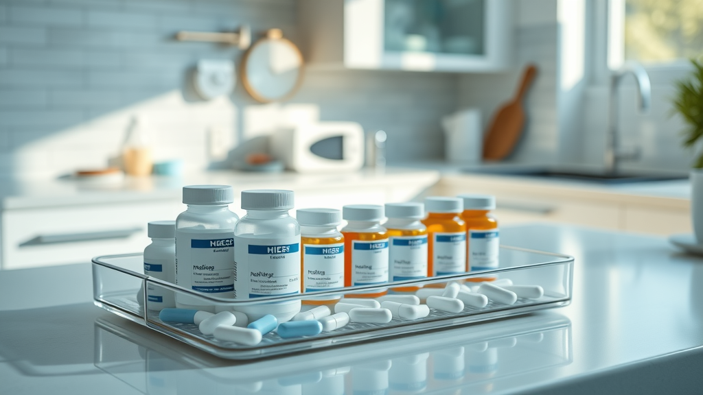organized medicine tray for chronic illness care in Muskegon home on kitchen counter