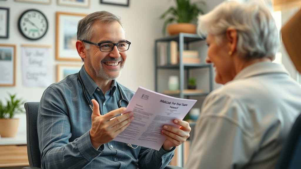 Knowledgeable local Medicare insurance agent in Muskegon, friendly expression, presenting health plan options to a senior client, well-lit office