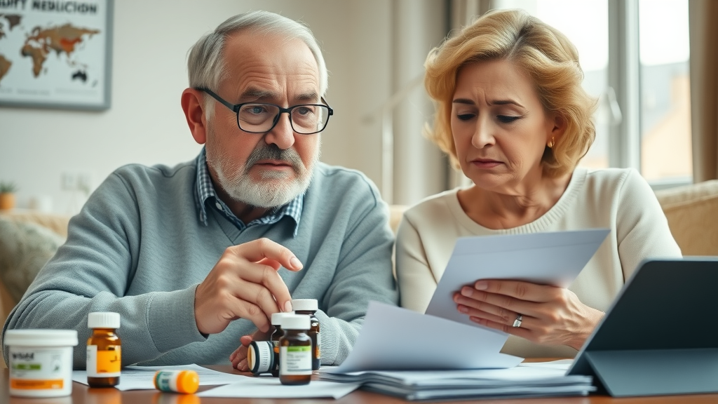 Concerned elderly couple reviewing costs of prescription drug coverage and assistance programs