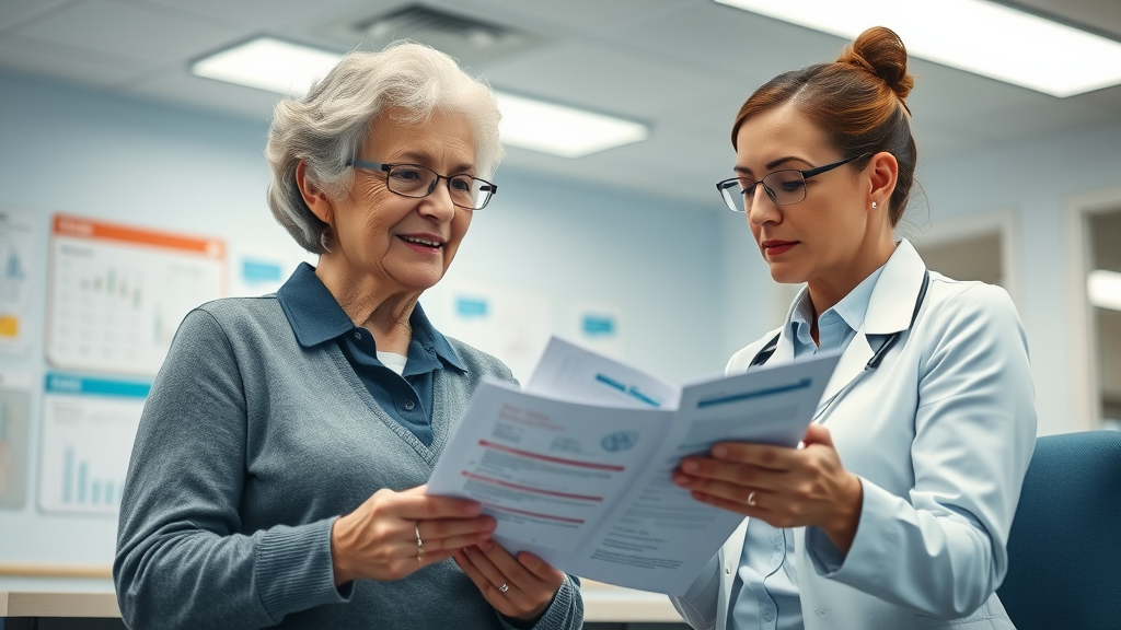 Resourceful elderly woman consulting an advisor on affordable alternatives and prescription drug assistance