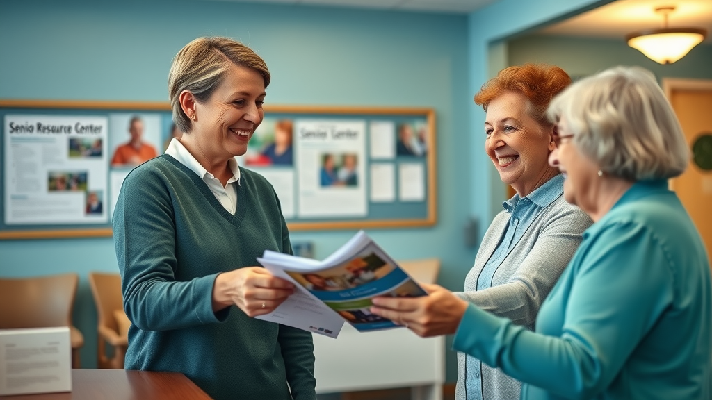 Senior resources Muskegon: Friendly staff assisting elderly clients at a local Muskegon information desk, with community bulletin board and comfortable waiting chairs