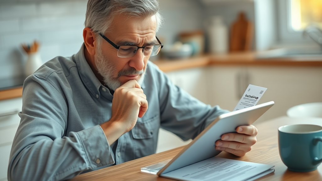 Reduce out-of-pocket healthcare costs Muskegon - thoughtful senior calculating expenses on a tablet at kitchen table with insurance bills and a coffee mug
