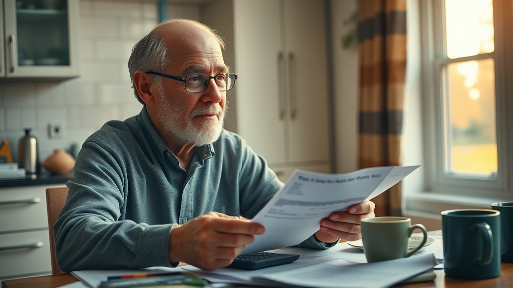 monthly premium Muskegon - Financially savvy senior man reviewing bills and calculator with caregiver, morning light in Muskegon kitchen.