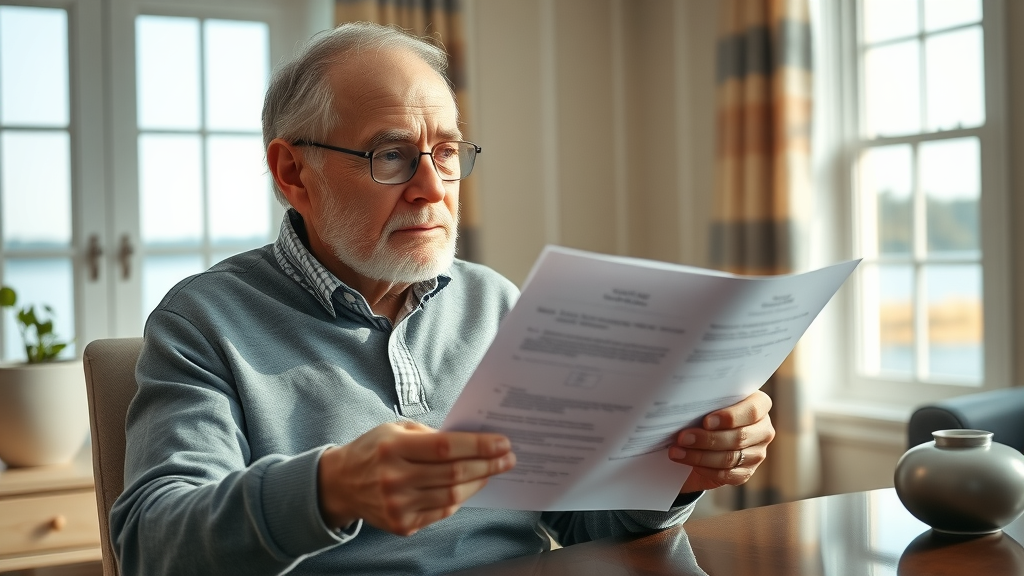 Muskegon senior health insurance elderly man comparing insurance documents with Muskegon Lake view