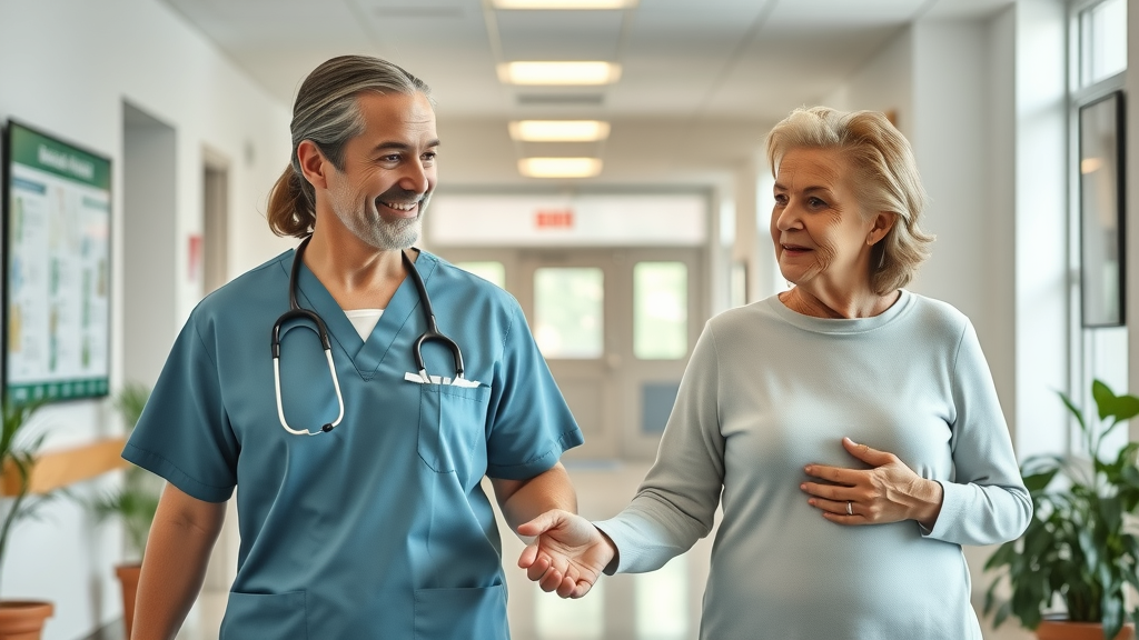 welcoming healthcare professional guiding a senior woman through Muskegon care center for senior healthcare support