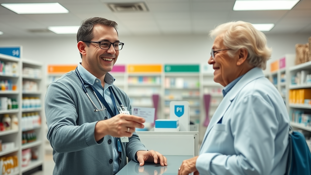 discount card pharmacist Muskegon handing out drug discount card for prescription assistance