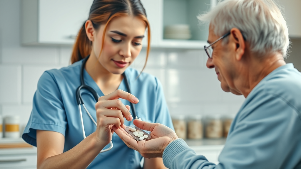 Attentive nurse helping a senior patient with medication for Muskegon in-home nursing, kitchen, organized medications.
