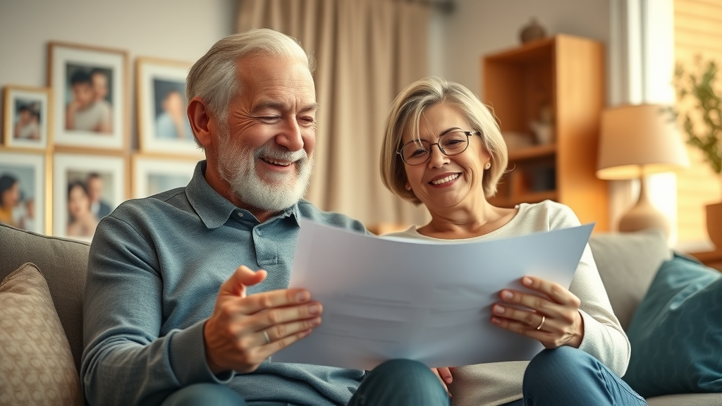 Optimistic senior couple reviewing retirement documents together in Muskegon, cozy home, planning for retirement benefits advice Muskegon