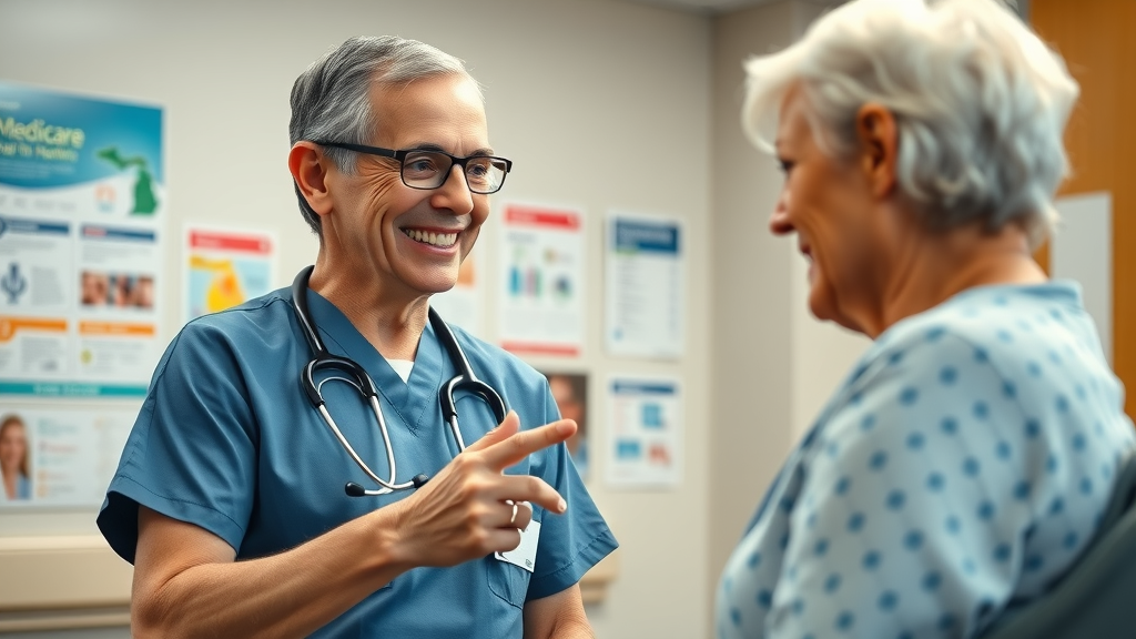 Medicare coverage for seniors in Muskegon - healthcare professional discussing Medicare options with a senior in a Muskegon hospital office