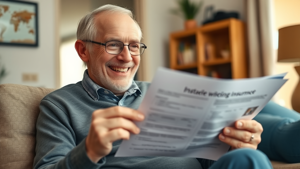 Happy Muskegon senior, satisfied expression, relaxed shoulders, reviewing insurance documents in bright home