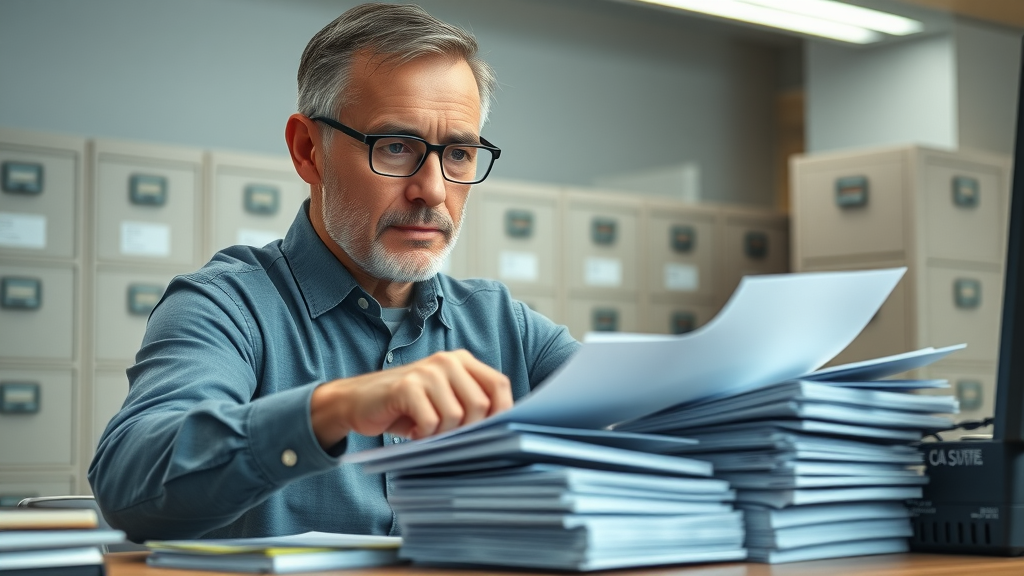 middle-aged person preparing paperwork for social security administration office in Muskegon Norton Shores, detailed photorealistic office scene with organized documentation