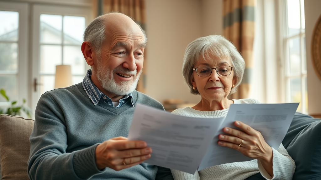 elderly couple consulting on social security consultation Muskegon paperwork at home, lifelike photorealistic cozy living room with paperwork
