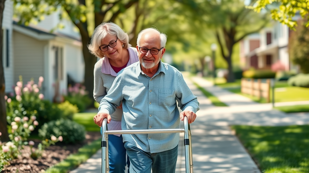 senior using walker outdoors with Muskegon chronic illness home care aide, neighborhood in full bloom