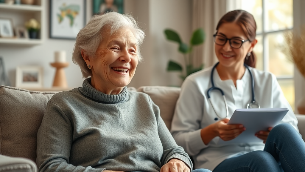 compassionate elderly woman smiling with a care coordinator in Muskegon senior support services, cozy living room, friendly support