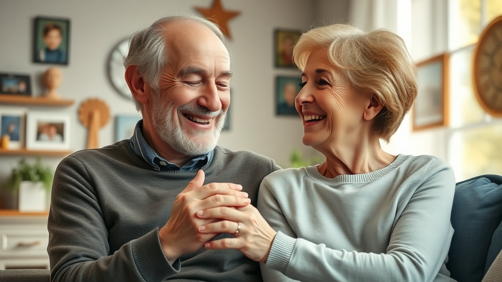 insightful elderly couple engaging in Muskegon senior healthcare support conversation in a cozy home environment, warm natural daylight