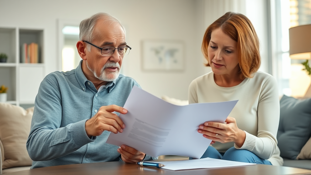 elderly couple reviewing senior benefits consultation Muskegon documents with adult daughter