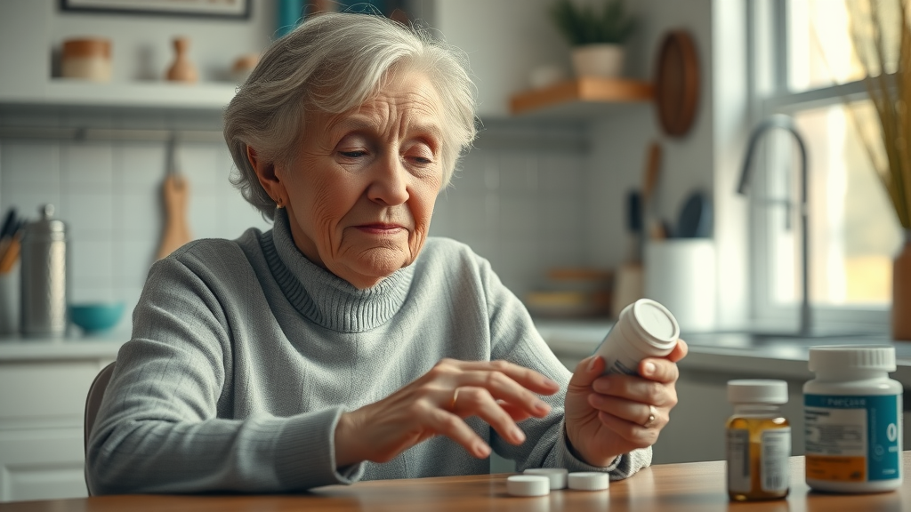 Elderly woman reflecting on her medication while benefiting from Muskegon elder prescription assistance