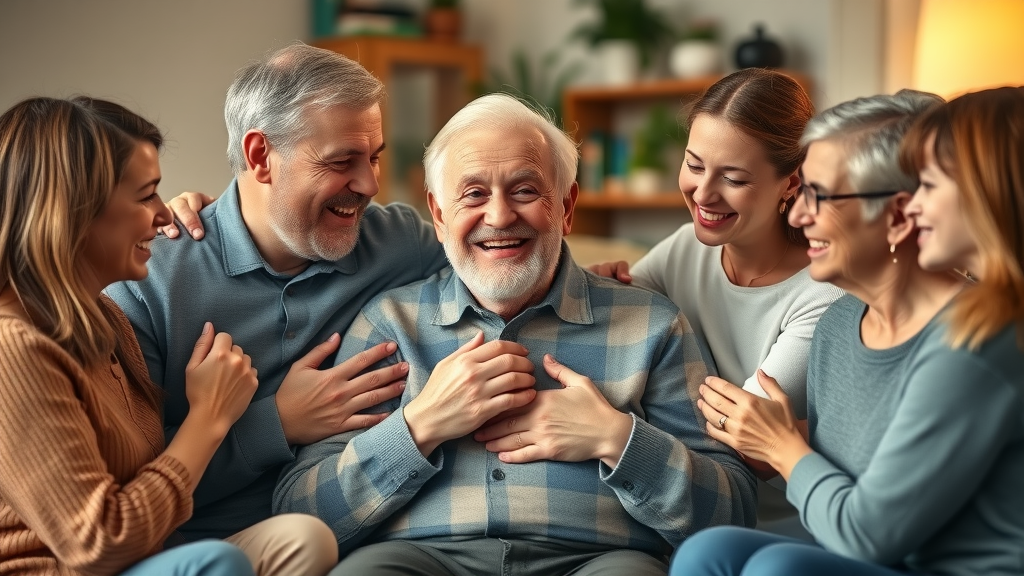 Home care Muskegon: Grateful family with elderly parent smiling in warm home environment