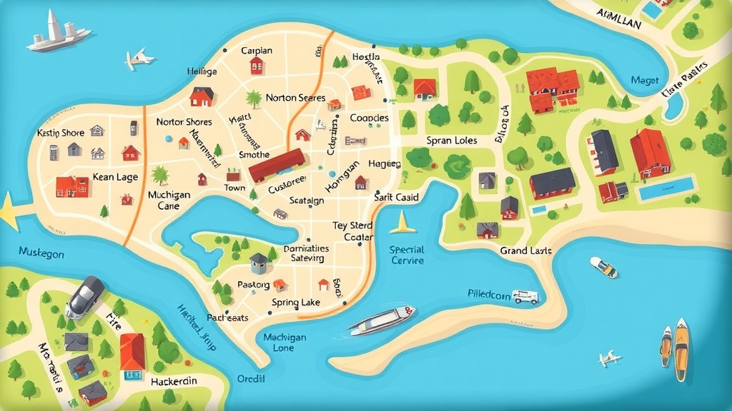Welcoming map of Muskegon, Norton Shores, Spring Lake, and Grand Rapids highlighting Muskegon medical assistance at home service areas with care icons.