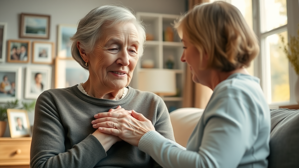 Muskegon home healthcare caregiver comforting elderly woman in warm home environment
