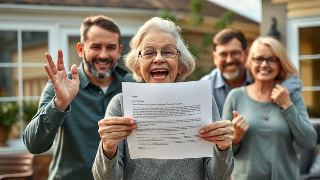 joyful elderly woman celebrating social security approval with family, Muskegon community, lifelike photorealistic suburban home