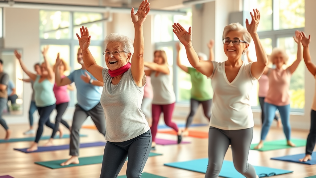 Dynamic fitness class at Muskegon senior wellness programs, cheerful older adults stretching and practicing gentle yoga in a bright, welcoming gym.