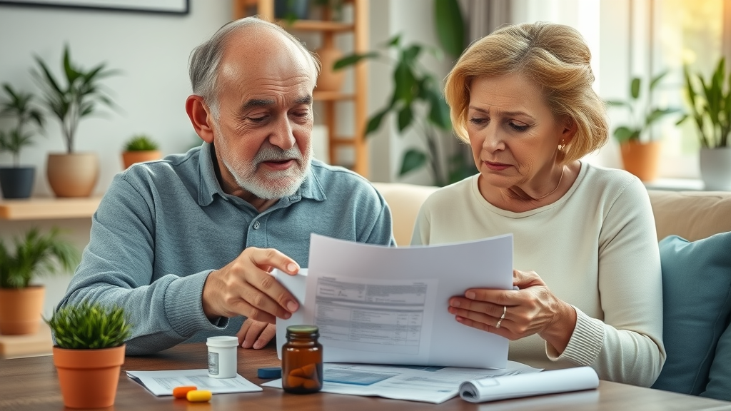 Muskegon elderly couple reviewing bills and medications, seeking Muskegon elder prescription assistance