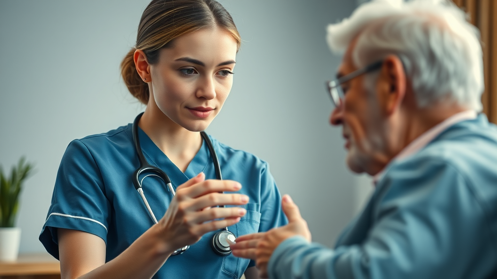 Professional nurse providing Muskegon medical assistance at home: assisting a senior with medication in a detailed modern residential home setting.