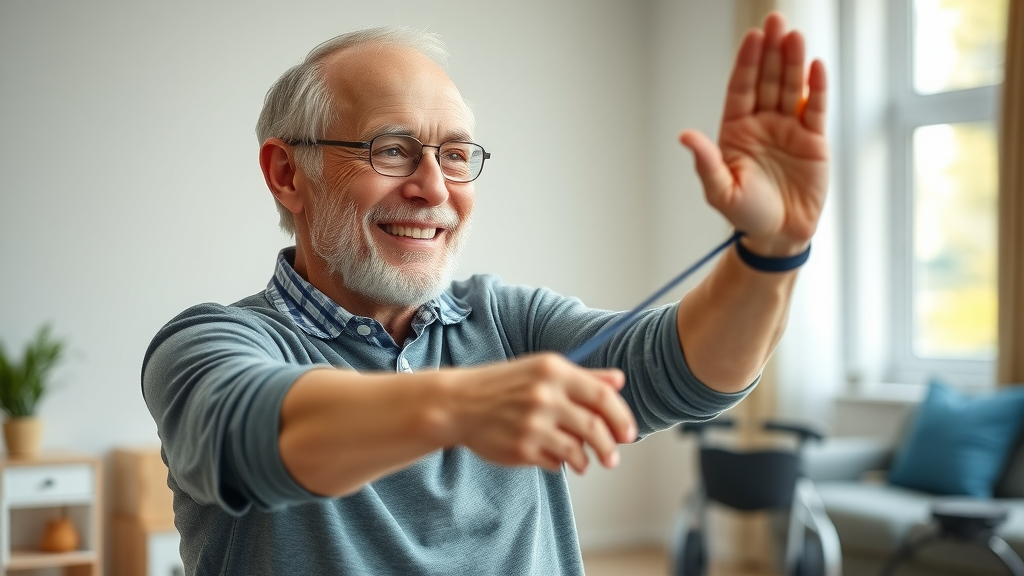 Optimistic senior patient performing rehabilitation stretches with professional Muskegon home care therapist, therapeutic band, adaptive equipment in living room